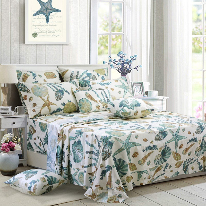 FADFAY Sheet Set Queen Beach Themed Bedding Sets 100% Cotton Super Soft Coastal Bedding White Teal Seashells and Starfish Nautical Bedding with Deep Pocket Fitted Sheet 4-Pieces Queen Size - Image 1